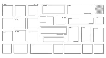 Black and White Wireframe Layout of Multiple Window Interface Elements