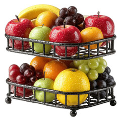 A twotiered metal fruit basket brimming with a colorful assortment of fresh fruits like apples, bananas, grapes, oranges, and pears, isolated on white isolated on transparent background