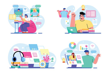 Hand Drawn Flat E-learning and Remote Study Illustrations Mini Composition Collection