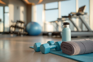 Fitness equipment arranged neatly in a modern gym setting during daytime