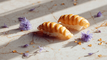 Naklejka premium Golden Seared Clam Sushi with Violet Blossoms on Marble Surface