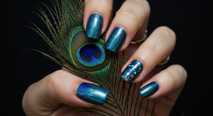 Elegant Teal Nail Art with Peacock Feather A Stylish Combination