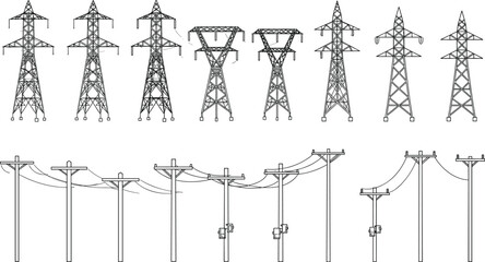 Black and white vector illustration of different electrical power transmission towers and utility poles with overhead wires, infrastructure design elements