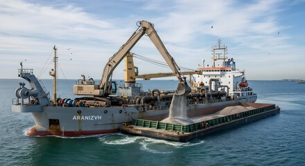 Dredging vessel operates in calm waters near port during daytime, transporting sediment to improve navigation