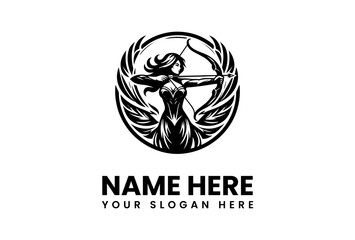 Elegant Archer Silhouette Aiming Bow and Arrow Within Circular Emblem.