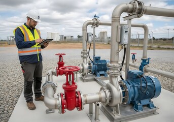 Worker checks operational details at industrial pump station in daytime setting with equipment surrounding