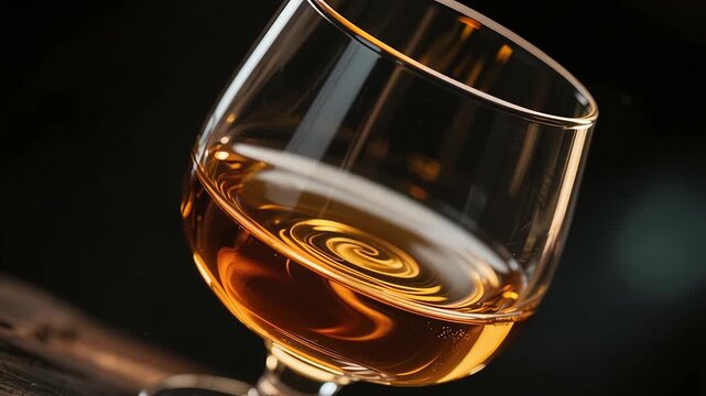 Close-up of a snifter glass with amber liquid swirling inside on a dark wooden surface