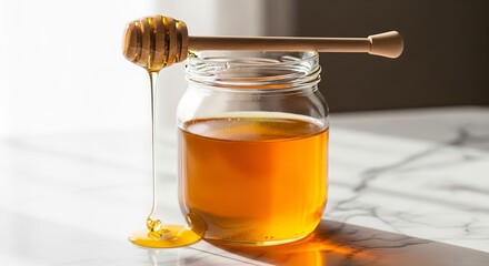 A close up of a glass jar filled with honey and a wooden honey dipper on a marble surface in bright light