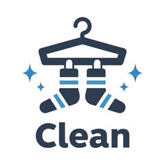 Dark blue socks with light blue stripes hanging on a hanger with sparkling stars and the word clean