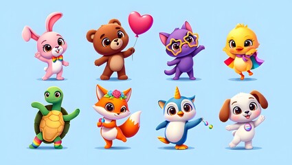 Fototapeta premium Adorable Cartoon Animal Characters: Playful, Colorful, and Joyful Illustrations for Kids.