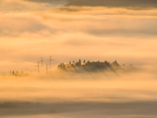 A serene misty sunrise bathes forested hills in golden light, with silhouettes of trees and power lines creating a tranquil yet modern landscape, ideal for nature and energy-themed projects.