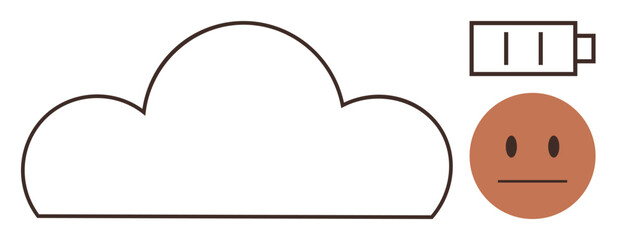 Cloud outline paired with a low-battery icon and neutral face conveying exhaustion, tech fatigue, or resource depletion. Ideal for technology, data storage, emotions, productivity, cloud computing