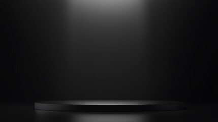 Minimalist dark background, black circular product podium at bottom center, two overhead spotlights (beams gradient light to dark, converging on platform), designed to highlight products
中文关键词
