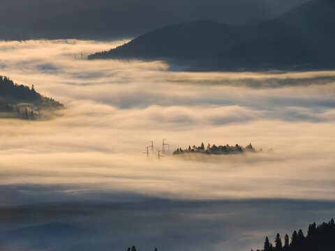 A serene misty sunrise bathes forested hills in golden light, with silhouettes of trees and power lines creating a tranquil yet modern landscape, ideal for nature and energy-themed projects. - Powered by Adobe