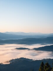 A serene misty sunrise bathes forested hills in golden light, with silhouettes of trees and power lines creating a tranquil yet modern landscape, ideal for nature and energy-themed projects.