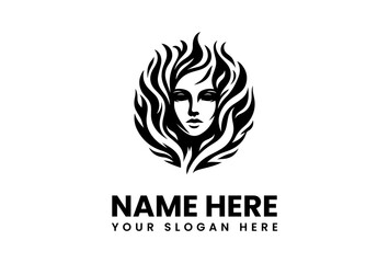 Elegant Womans Face Encircled by Stylized Flames a Bold Logo Design.