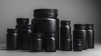 A group of various-sized black plastic containers