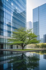 Obraz premium Serene Urban Landscape with Green Tree and Modern Glass Buildings