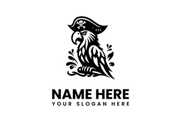 Fierce Pirate Parrot Logo with Skull and Crossbones on Hat.
