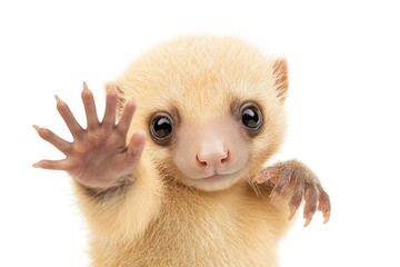 Fototapeta premium Adorable baby sloth reaching out with tiny paws on a white background.