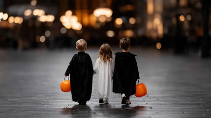 kids dressed as witches and superheroes walking under glowing street lamps