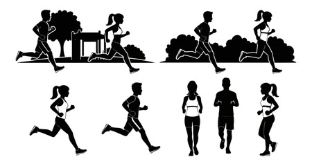 Fototapeta premium Jogging Silhouettes with Park Elements – Outdoor Exercise Design 