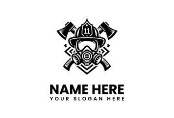 Firefighter Helmet and Axes Logo with Gas Mask and Number Eleven.