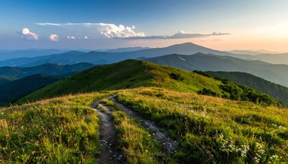 Naklejka premium Mountain vista at sunset. Lush green meadow and path