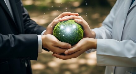 Two people holding a glowing green earth symbolizing environmental care