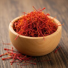 Fototapeta premium Aromatic saffron threads in a wooden bowl on a rustic wooden surface, closeup shot
