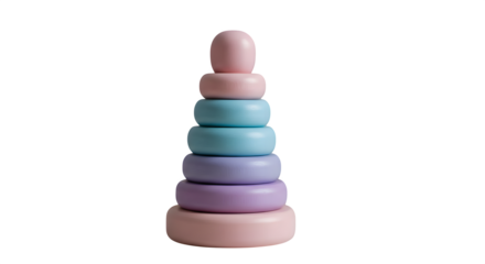 Pastel wood toy rings stack against black, product photography, educational mockups.