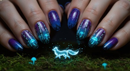 Enchanting fantasy manicure featuring a mystical glowing forest, luminous mushrooms, and a spirit fox.