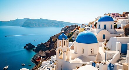 Iconic white buildings with blue domes overlooking the Aegean Sea in Santorini Greece island