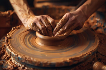 hands shaping clay on pottery wheel