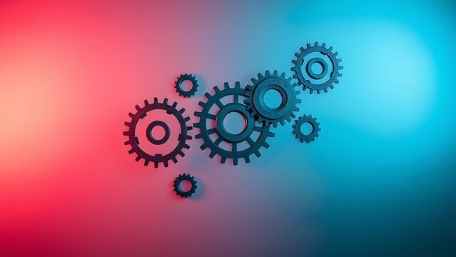 Abstract floating gears on a gradient backdrop, symbolizing innovation and mechanics. - Powered by Adobe