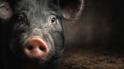 Close-up of a black pig with expressive eyes and prominent features in a rustic setting