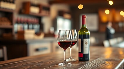 Red wine bottle and glasses on a rustic wooden table, surrounded by warm ambient lighting.