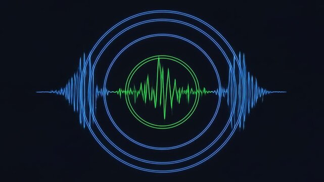 Abstract visualization of sound waves and seismic activity with concentric circles and a central waveform.