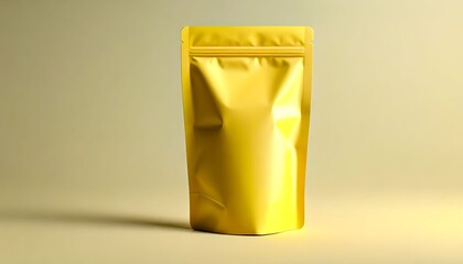 A golden stand-up pouch with a zipper closure, casting a soft shadow on a neutral background.