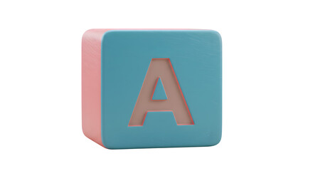 Cyan and Coral Wooden Block Shows Letter A with Textured Surface. Creates a playful branding mockup for children&rsquo;s products or educational posters.