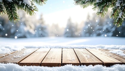 Festive Christmas background with a snowy wooden plank table, fir tree branches, and a sunlit winter landscape for product display.