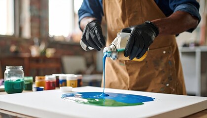 Artist Pouring Acrylic Paint On Canvas