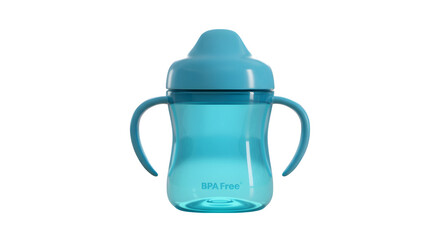 Aqua blue sippy cup glows against black, promoting health. For product photography, branding, baby-themed posters.