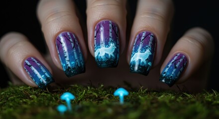 Mystical unicorn nail art featuring an enchanted forest design with glowing bioluminescent mushrooms on a mossy ground.