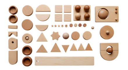 Natural wood texture displays various geometric shapes on black. Showcases learning tools, toy photography, education mockups.