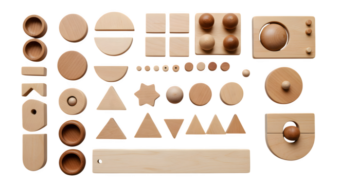 Natural wood texture displays various geometric shapes on black. Showcases learning tools, toy photography, education mockups.