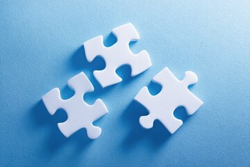 Obraz premium Three white jigsaw puzzle pieces on a light blue background