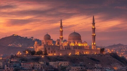 Naklejka premium Majestic Mosque at Sunset A Stunning Cityscape View of Islamic Architecture Illuminated at Dusk