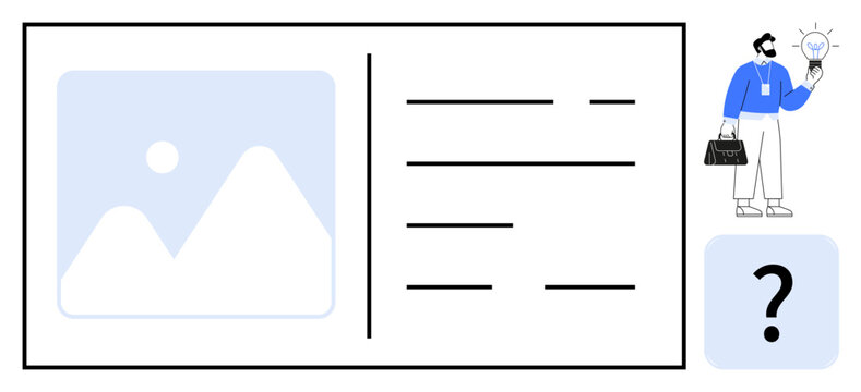 Businessman holding a glowing light bulb next to a document-thumbs up layout featuring image placeholder and text lines. Ideal for innovation, creativity, business planning, marketing, design