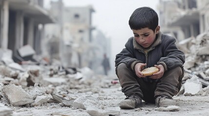 Boy holding bread in war ruins, presenting conflict, suffering and survival